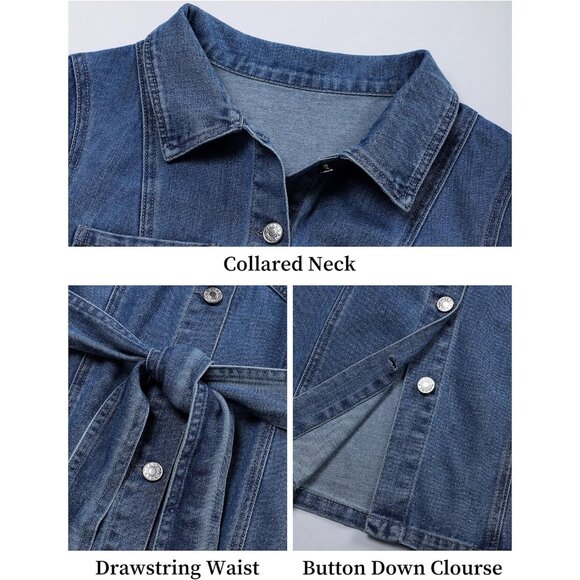Women's Denim Dress Summer Short Sleeve Button Down with Pockets Plus Size - Picture 5 of 5